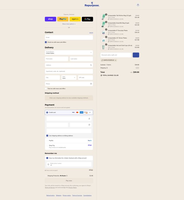 Repurpose checkout page showing Repurpose coupon code box | Screenshot taken by SimplyCodes community member on Sep 4, 2025