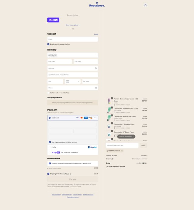 Repurpose checkout page showing Repurpose coupon code box | Screenshot taken by SimplyCodes community member on Jul 14, 2025
