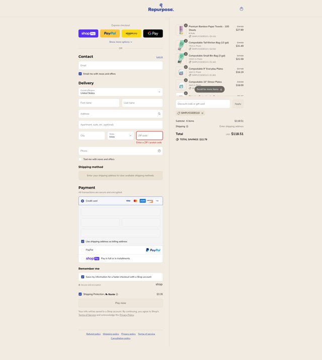 Repurpose checkout page showing Repurpose coupon code box | Screenshot taken by SimplyCodes community member on Jul 10, 2025