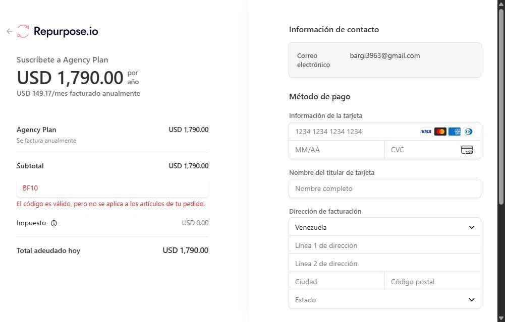 Repurpose.io checkout page showing Repurpose.io promo code box | Screenshot taken by SimplyCodes community member on Jan 26, 2026
