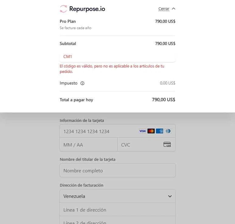 Repurpose.io checkout page showing Repurpose.io promo code box | Screenshot taken by SimplyCodes community member on Jan 28, 2026