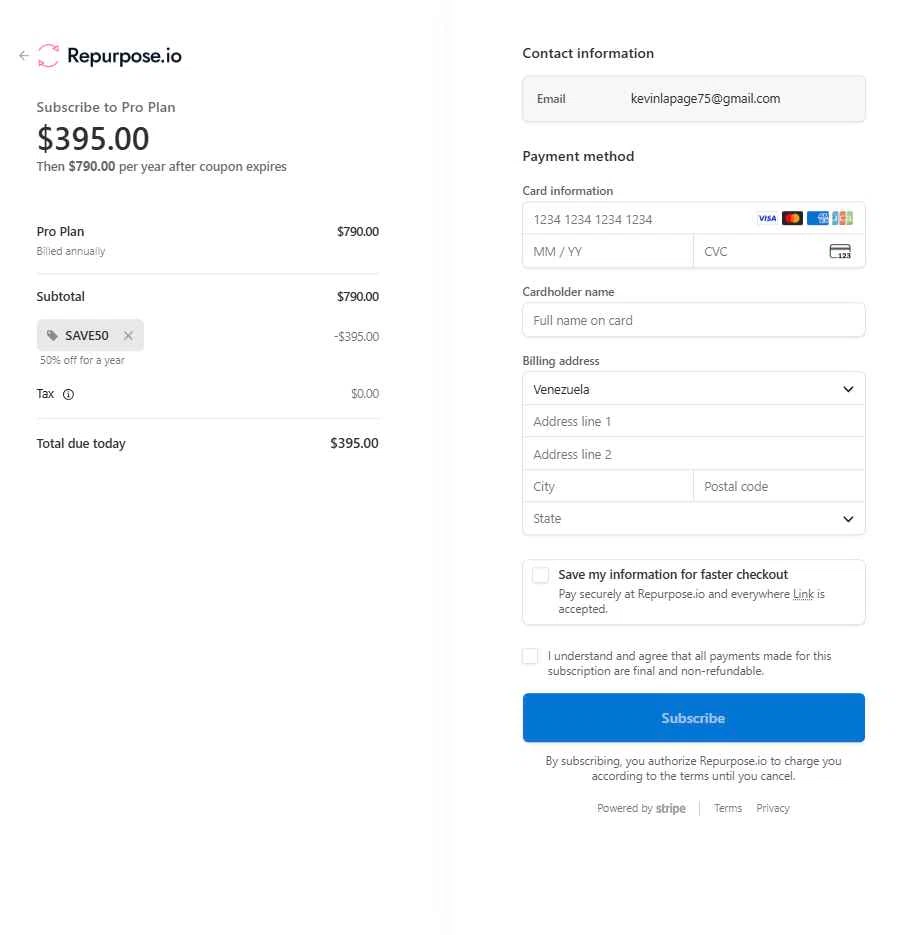 Repurpose.io checkout page showing Repurpose.io promo code box | Screenshot taken by SimplyCodes community member on Feb 4, 2026