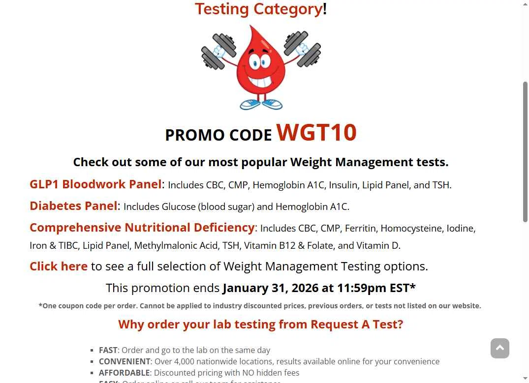 Request A Test checkout page showing Request A Test promo code box | Screenshot taken by SimplyCodes community member on Jan 12, 2026