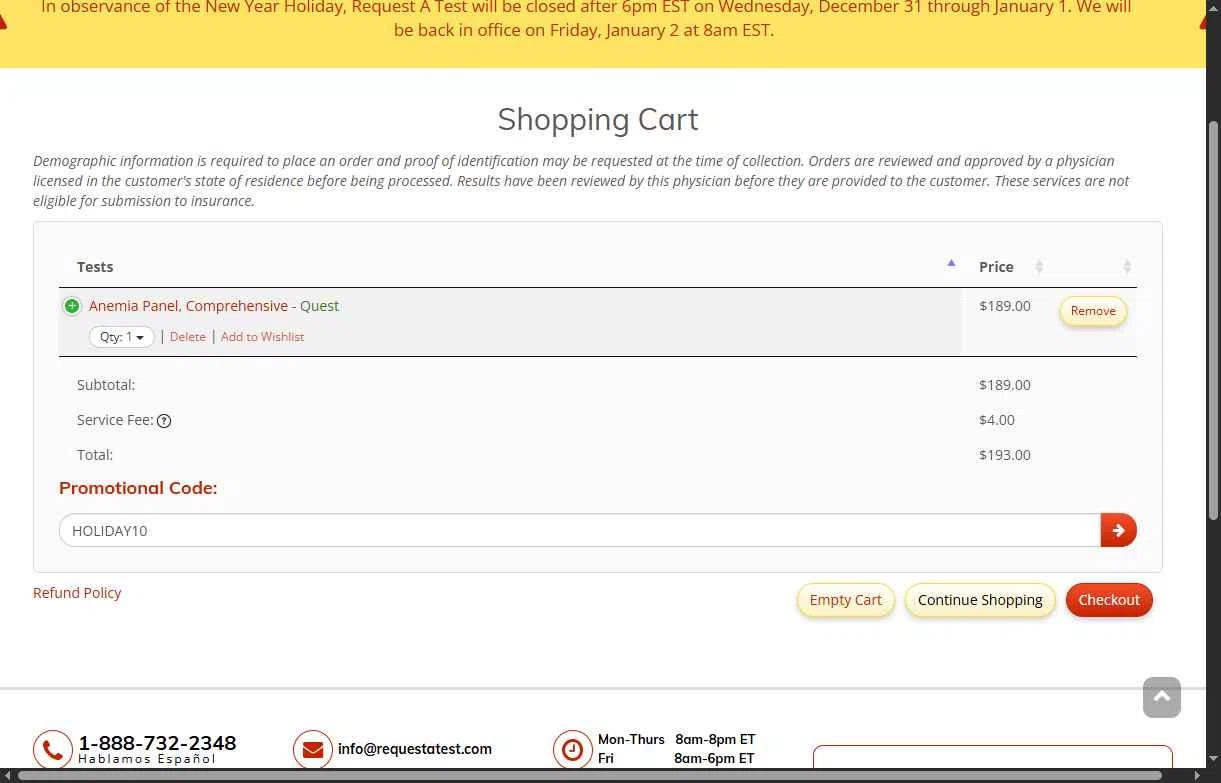 Request A Test checkout page showing Request A Test promo code box | Screenshot taken by SimplyCodes community member on Dec 27, 2025