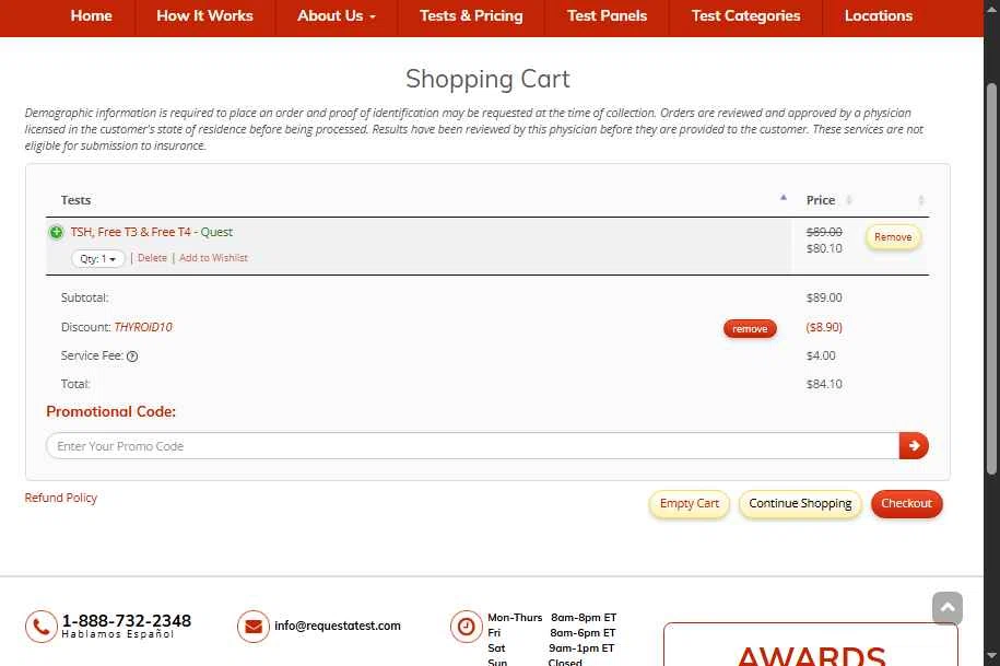 Request A Test checkout page showing Request A Test promo code box | Screenshot taken by SimplyCodes community member on Jan 5, 2026