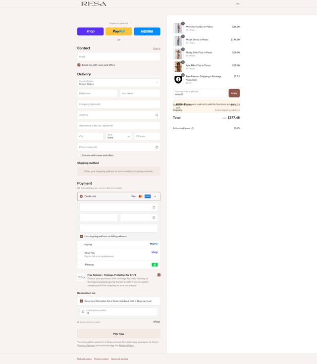 RESA checkout page showing RESA discount code box | Screenshot taken by SimplyCodes community member on Sep 12, 2025