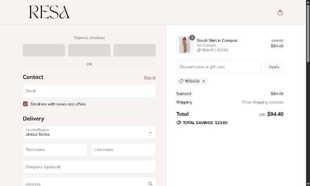 RESA checkout page showing RESA discount code box | Screenshot taken by SimplyCodes community member on Sep 11, 2025