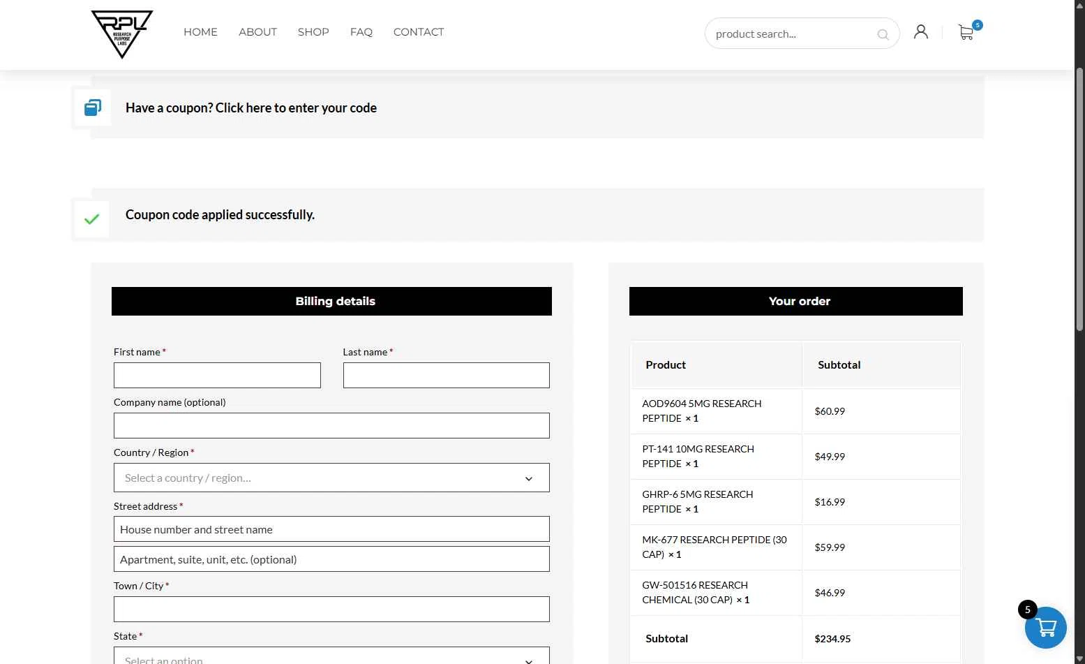 Research Purpose Labs checkout page showing Research Purpose Labs coupon code box | Screenshot taken by SimplyCodes community member on Dec 17, 2025