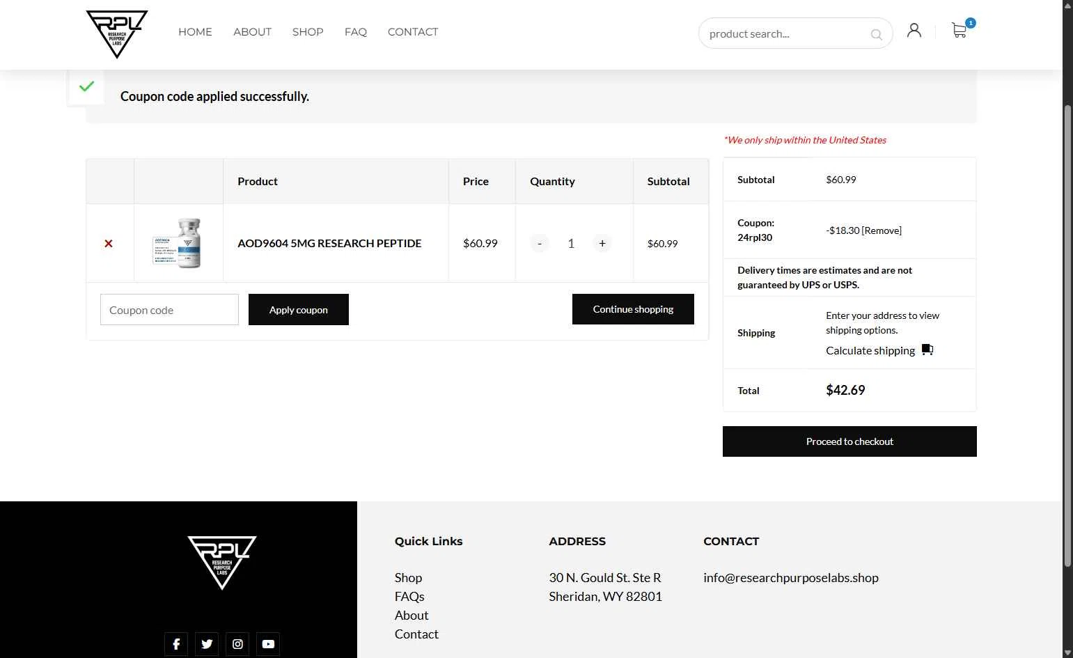 Research Purpose Labs checkout page showing Research Purpose Labs coupon code box | Screenshot taken by SimplyCodes community member on Jul 17, 2025