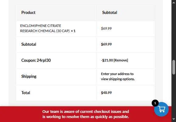 Research Purpose Labs checkout page showing Research Purpose Labs coupon code box | Screenshot taken by SimplyCodes community member on Oct 31, 2025