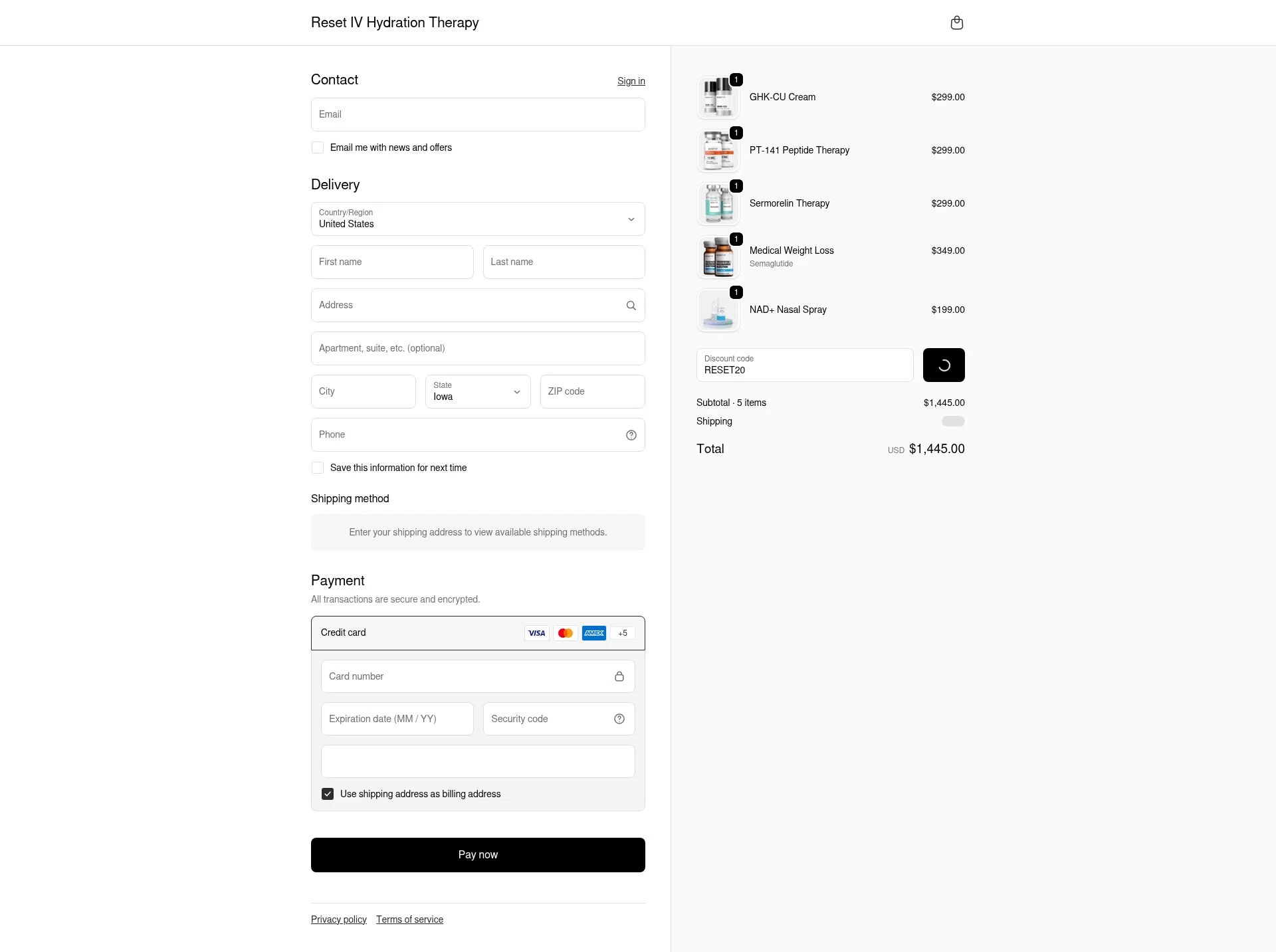 Reset IV Therapy checkout page showing Reset IV Therapy promo code box | Screenshot taken by SimplyCodes community member on Feb 1, 2026