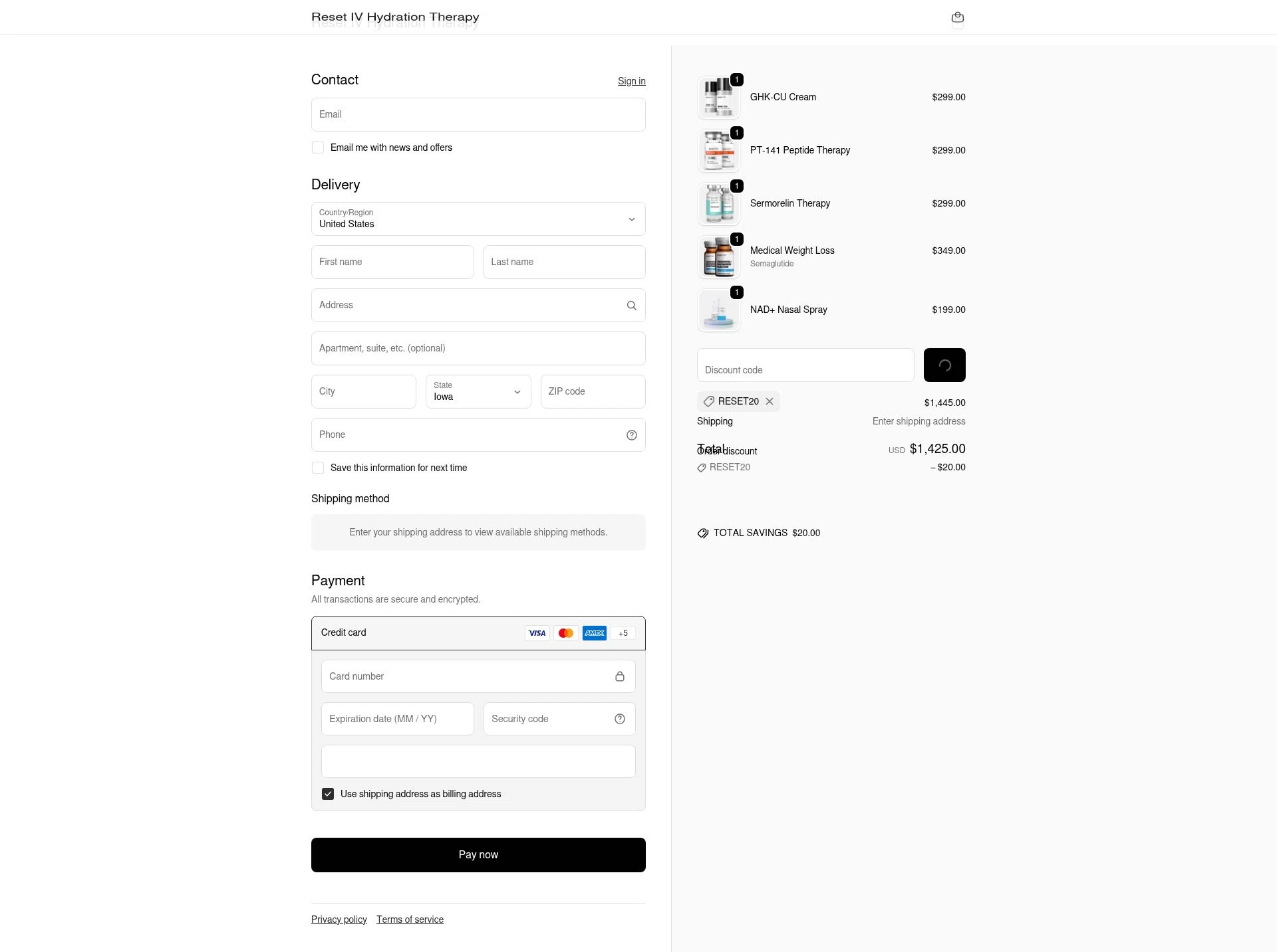 Reset IV Therapy checkout page showing Reset IV Therapy promo code box | Screenshot taken by SimplyCodes community member on Feb 9, 2026