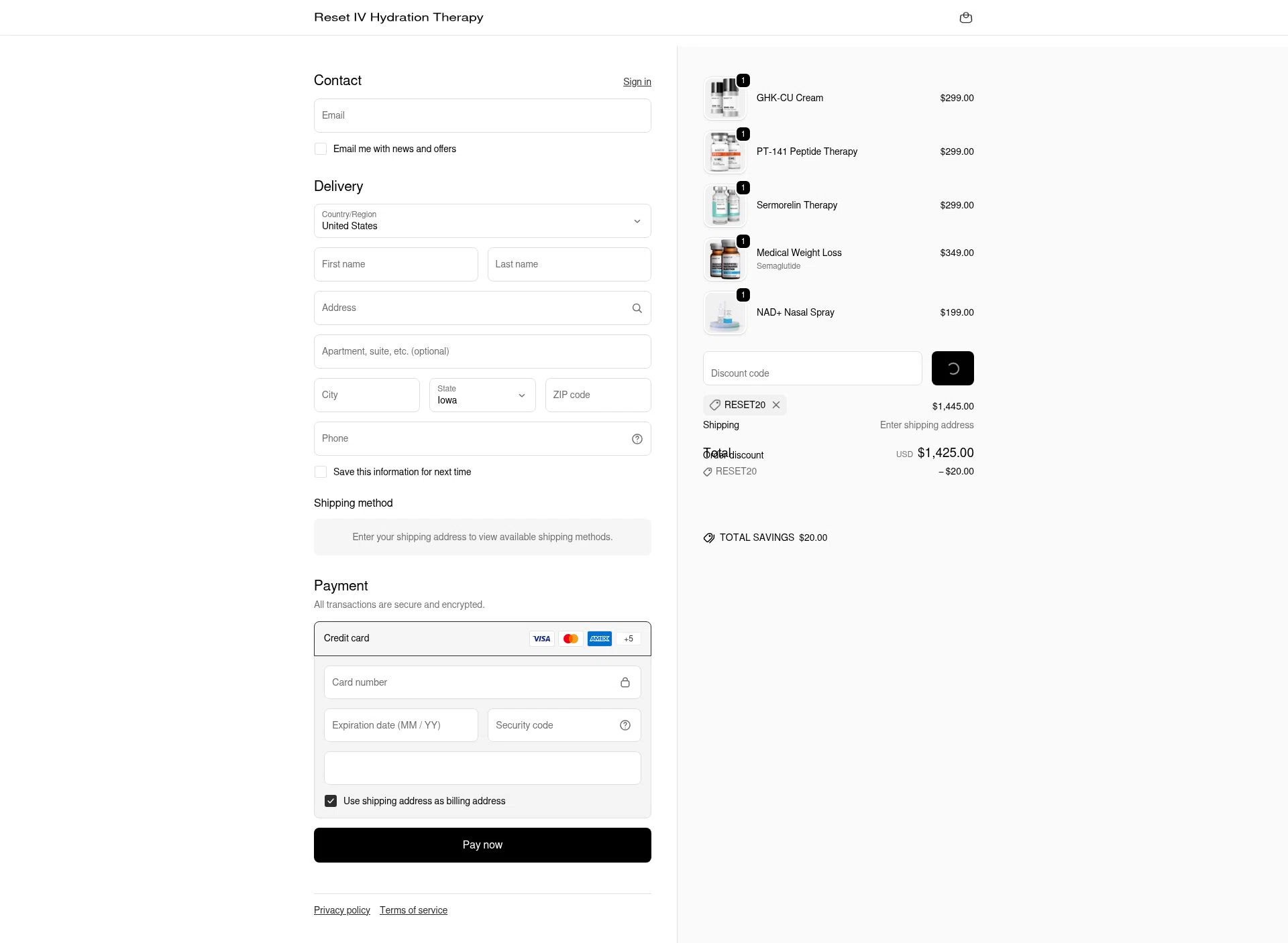 Reset IV Therapy checkout page showing Reset IV Therapy promo code box | Screenshot taken by SimplyCodes community member on Jan 13, 2026