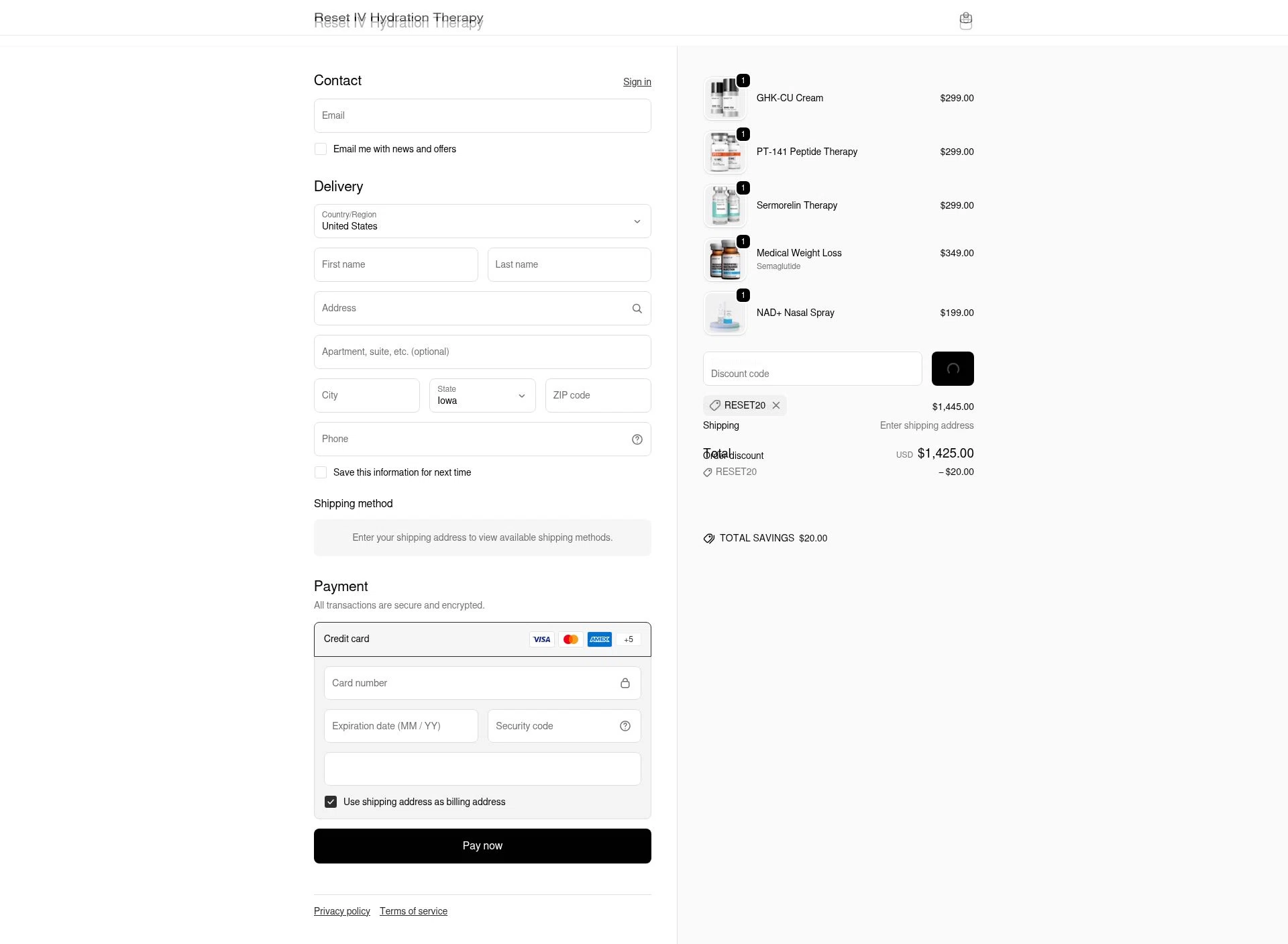 Reset IV Therapy checkout page showing Reset IV Therapy promo code box | Screenshot taken by SimplyCodes community member on Jan 8, 2026