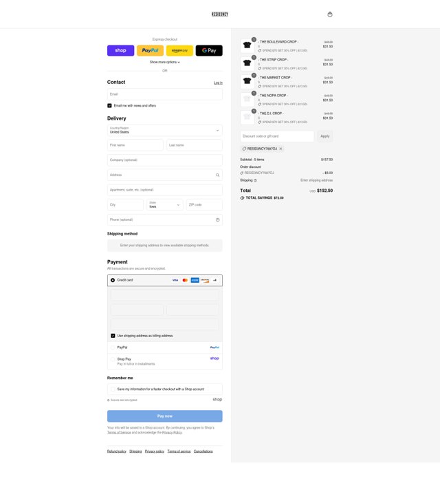 RESID3NCY checkout page showing RESID3NCY discount code box | Screenshot taken by SimplyCodes community member on Sep 4, 2025