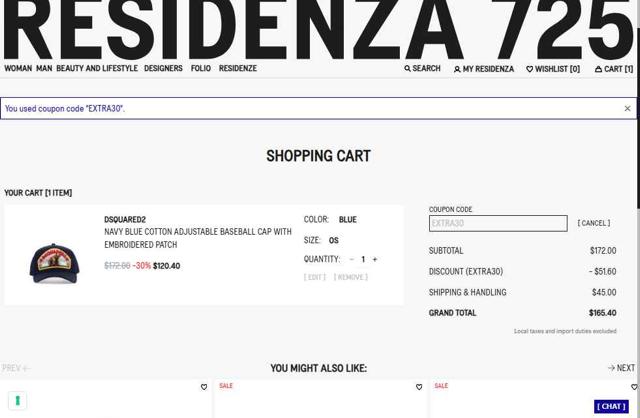Residenza 725 IT checkout page showing Residenza 725 IT promo code box | Screenshot taken by SimplyCodes community member on Aug 23, 2025