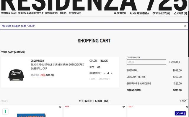 Residenza 725 IT checkout page showing Residenza 725 IT promo code box | Screenshot taken by SimplyCodes community member on Aug 31, 2025