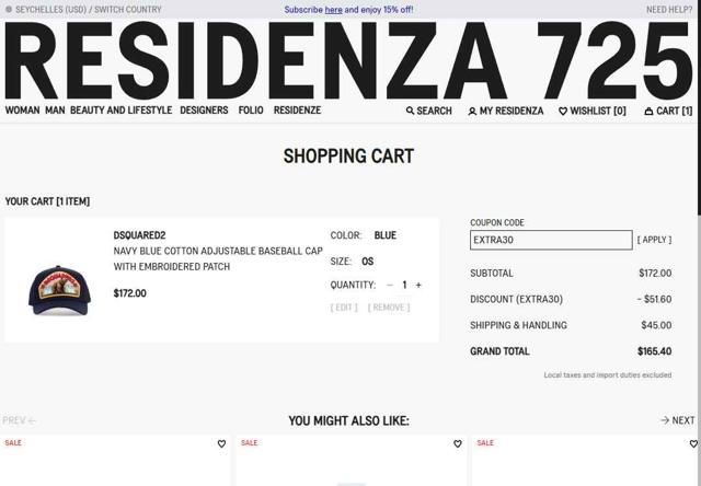Residenza 725 IT checkout page showing Residenza 725 IT promo code box | Screenshot taken by SimplyCodes community member on Aug 23, 2025