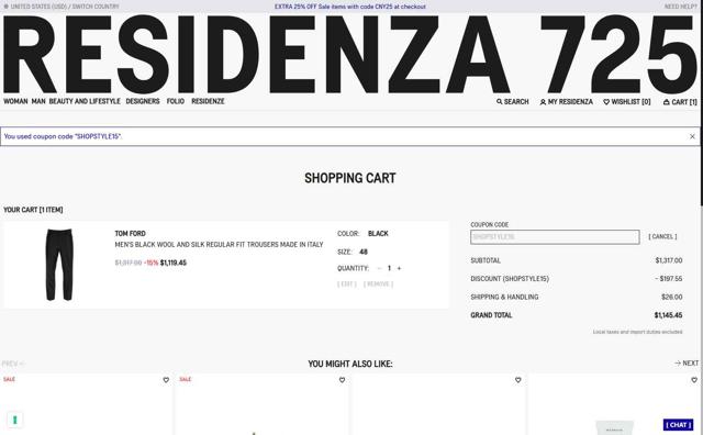 Residenza 725 IT checkout page showing Residenza 725 IT promo code box | Screenshot taken by SimplyCodes community member on Sep 2, 2025