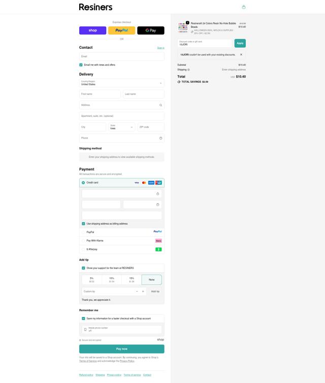 Resiners checkout page showing Resiners discount code box | Screenshot taken by SimplyCodes community member on Oct 4, 2025