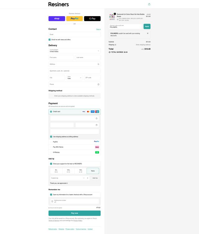 Resiners checkout page showing Resiners discount code box | Screenshot taken by SimplyCodes community member on Oct 4, 2025