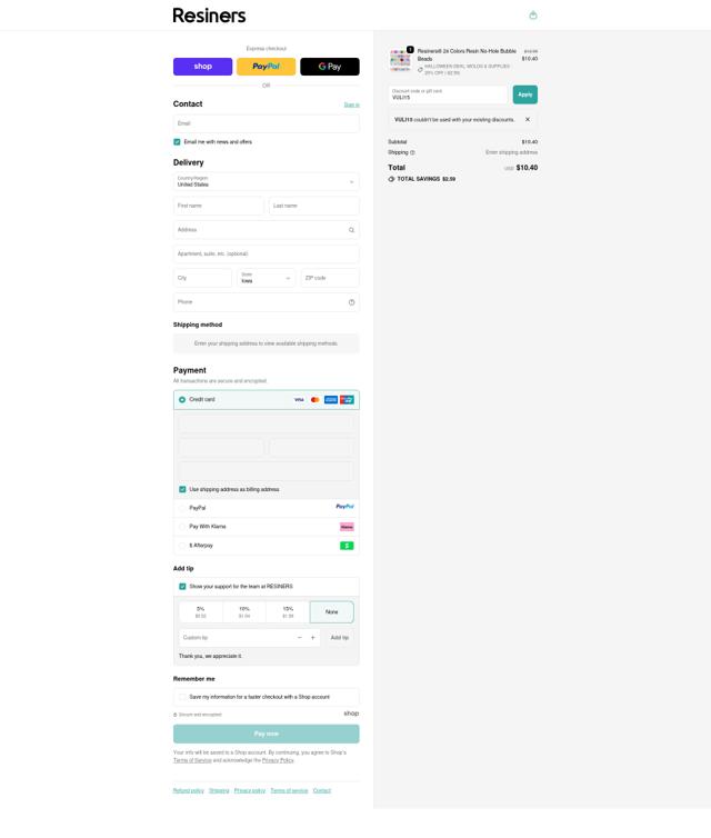 Resiners checkout page showing Resiners discount code box | Screenshot taken by SimplyCodes community member on Oct 4, 2025