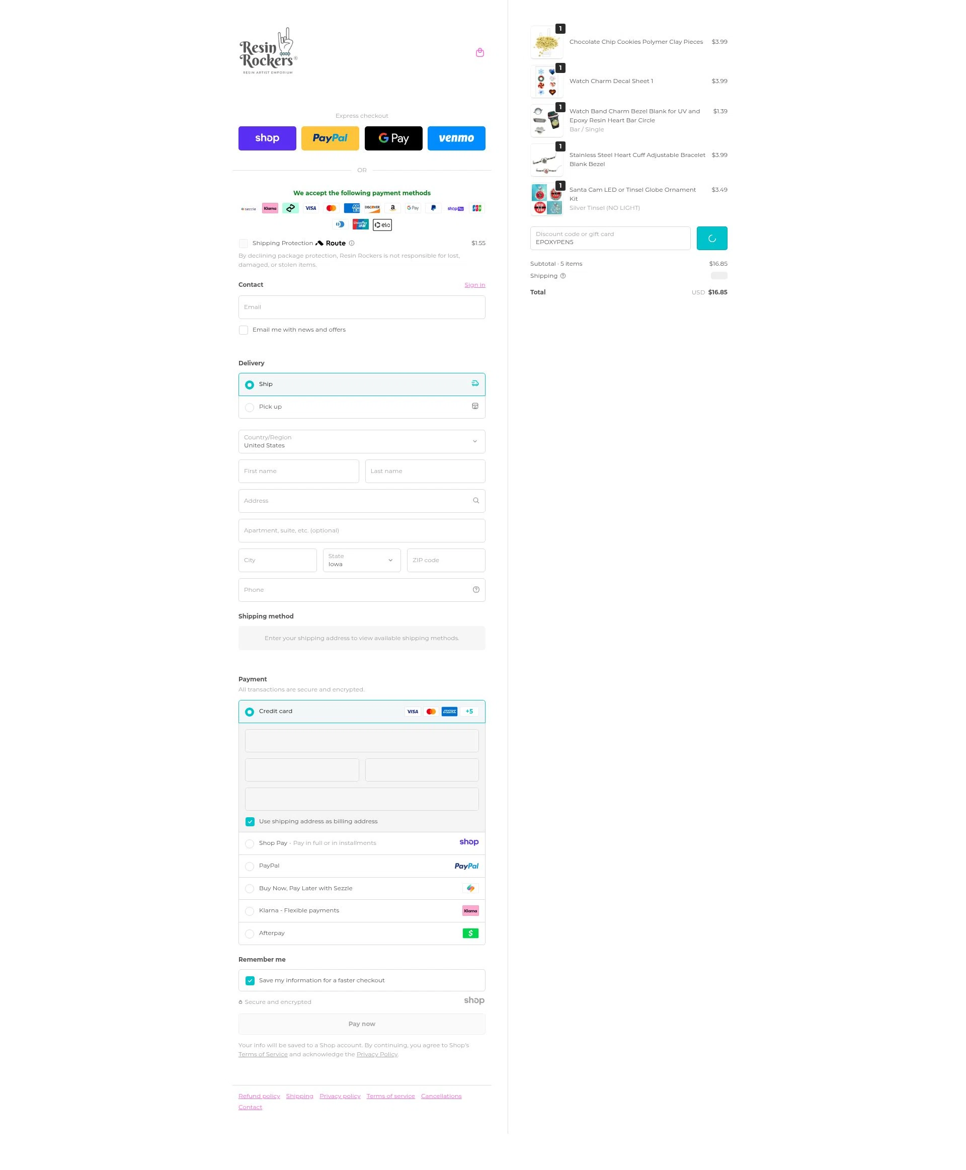 Resin Rockers checkout page showing Resin Rockers discount code box | Screenshot taken by SimplyCodes community member on Dec 24, 2025