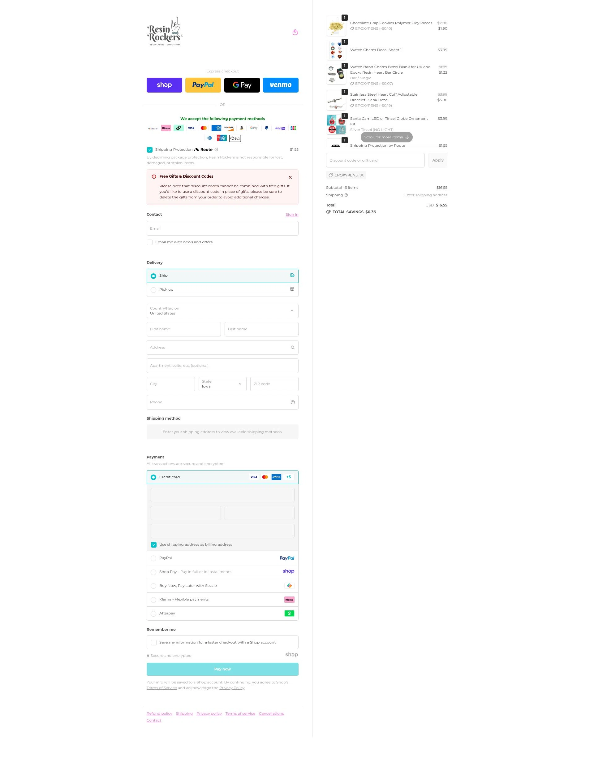 Resin Rockers checkout page showing Resin Rockers discount code box | Screenshot taken by SimplyCodes community member on Nov 25, 2025