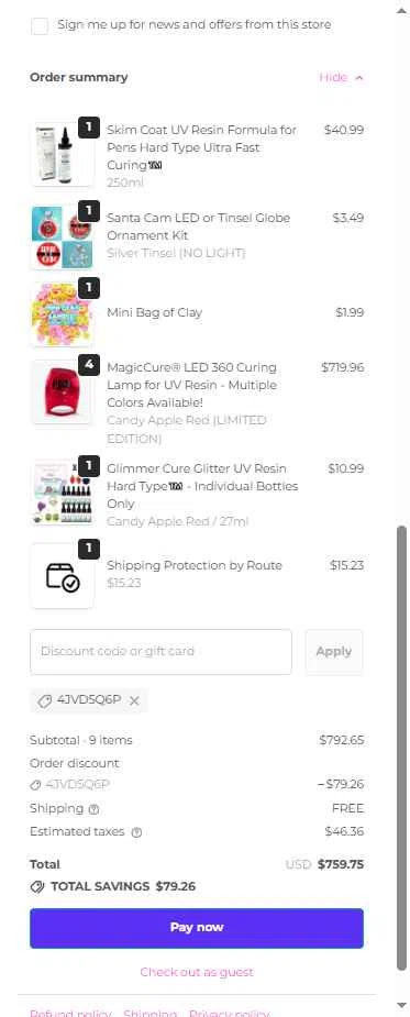 Resin Rockers checkout page showing Resin Rockers discount code box | Screenshot taken by SimplyCodes community member on Dec 14, 2025