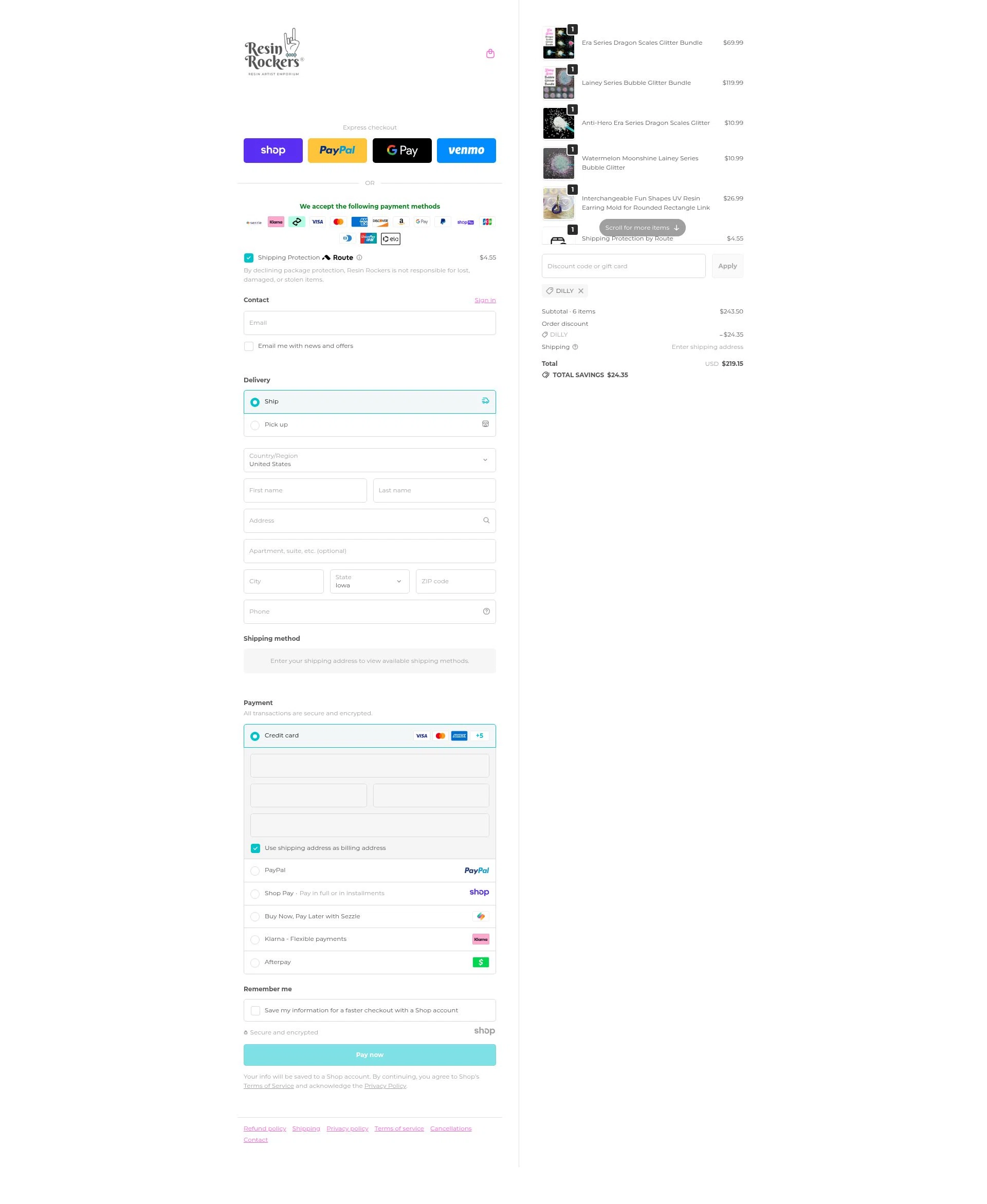 Resin Rockers checkout page showing Resin Rockers discount code box | Screenshot taken by SimplyCodes community member on Nov 10, 2025