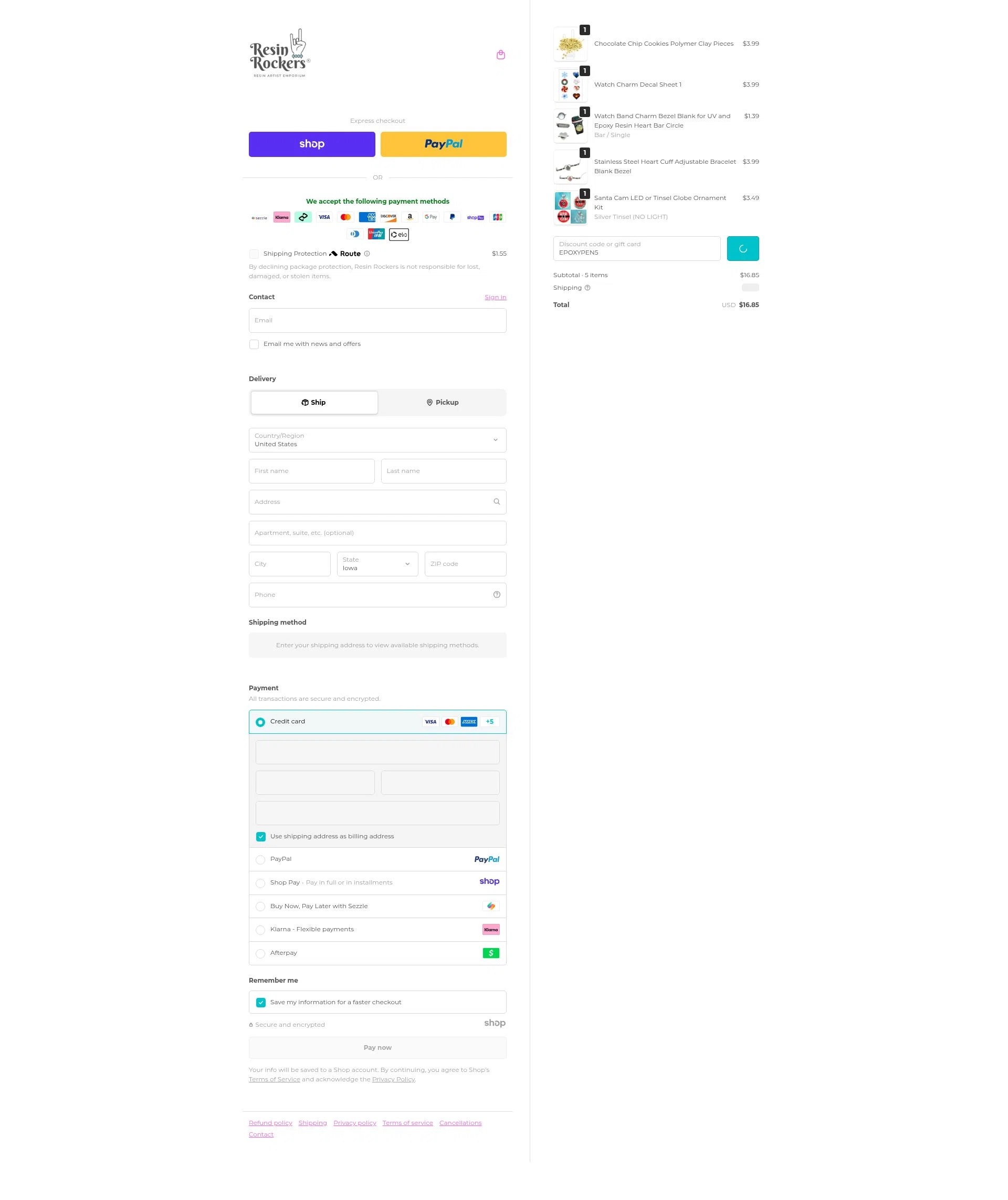 Resin Rockers checkout page showing Resin Rockers discount code box | Screenshot taken by SimplyCodes community member on Dec 17, 2025