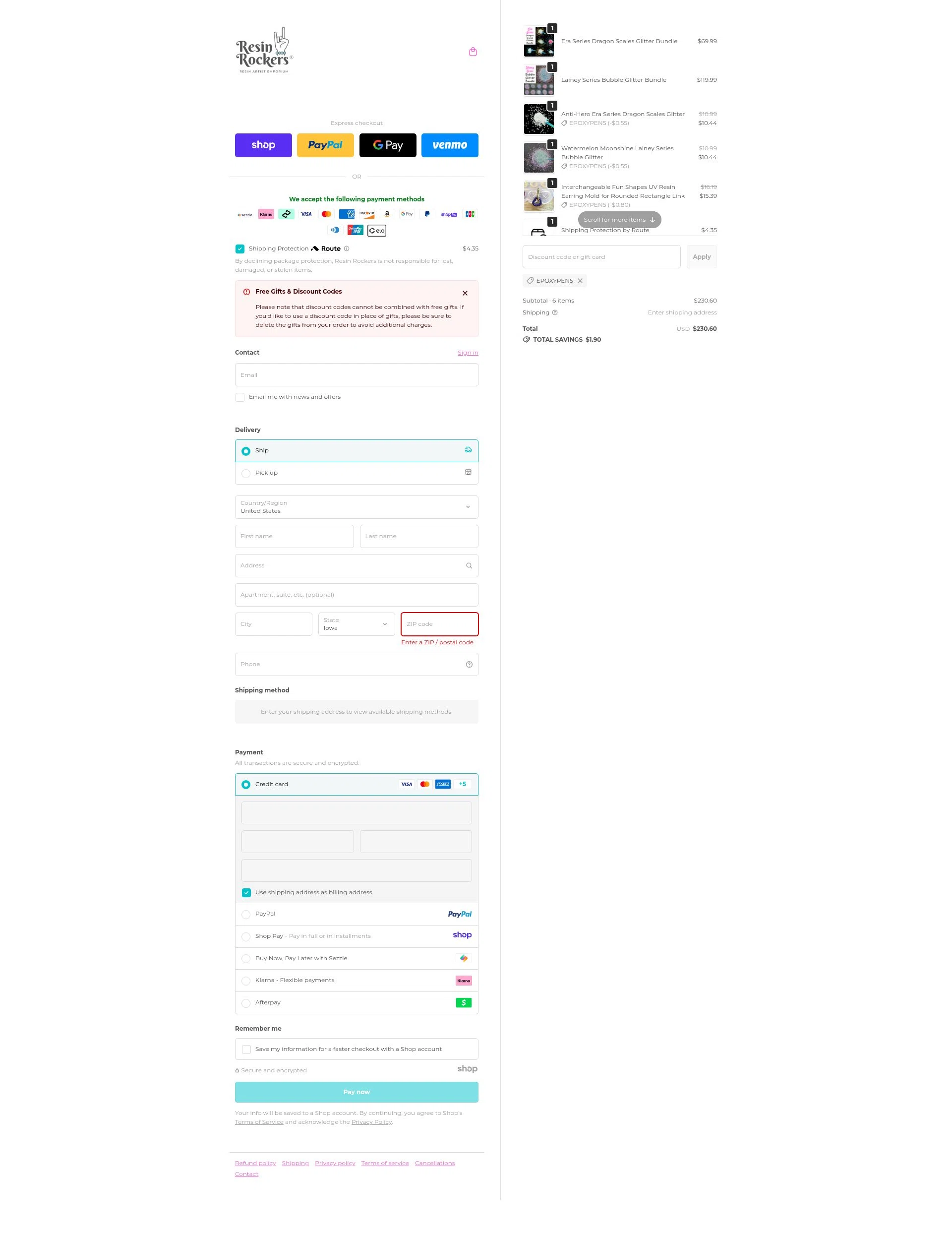 Resin Rockers checkout page showing Resin Rockers discount code box | Screenshot taken by SimplyCodes community member on Nov 15, 2025