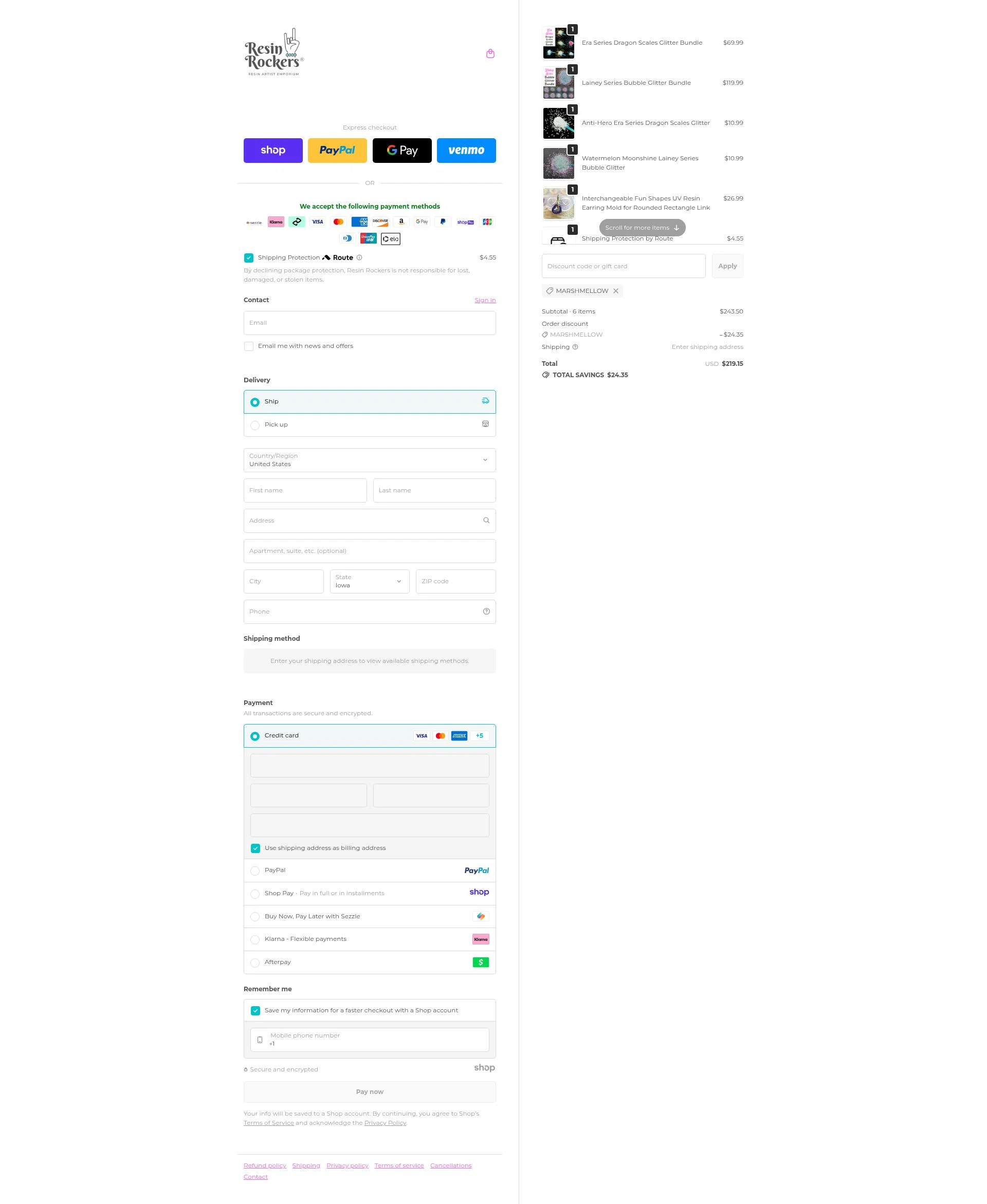 Resin Rockers checkout page showing Resin Rockers discount code box | Screenshot taken by SimplyCodes community member on Nov 10, 2025