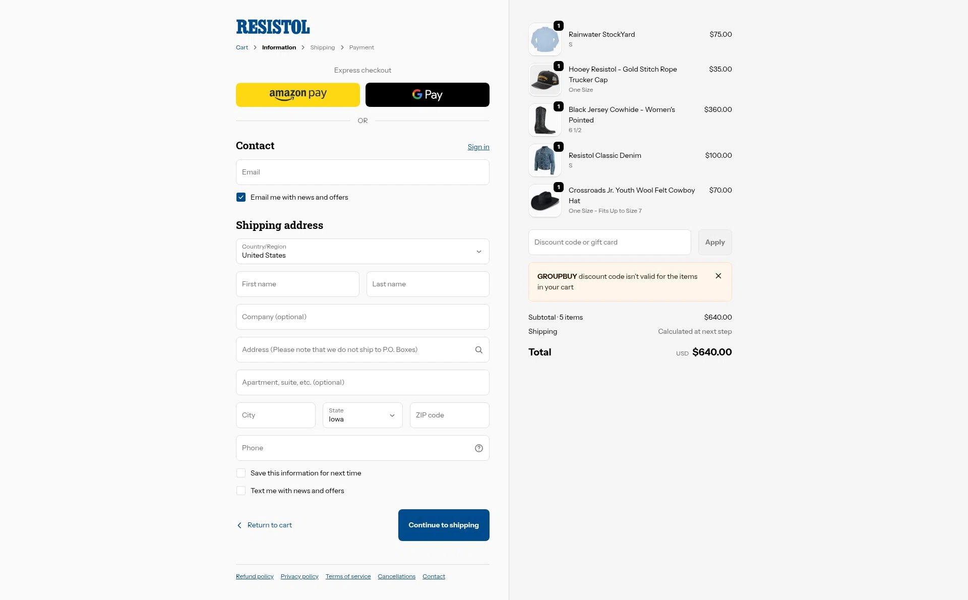 Resistol checkout page showing Resistol discount code box | Screenshot taken by SimplyCodes community member on Jan 27, 2026