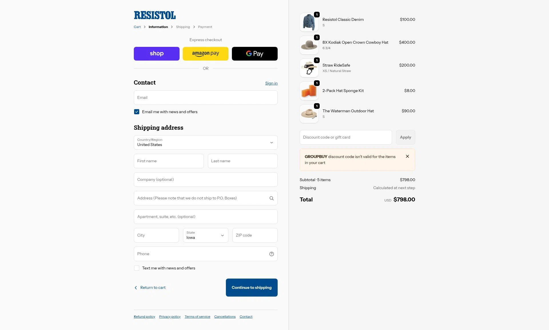 Resistol checkout page showing Resistol discount code box | Screenshot taken by SimplyCodes community member on Jan 18, 2026