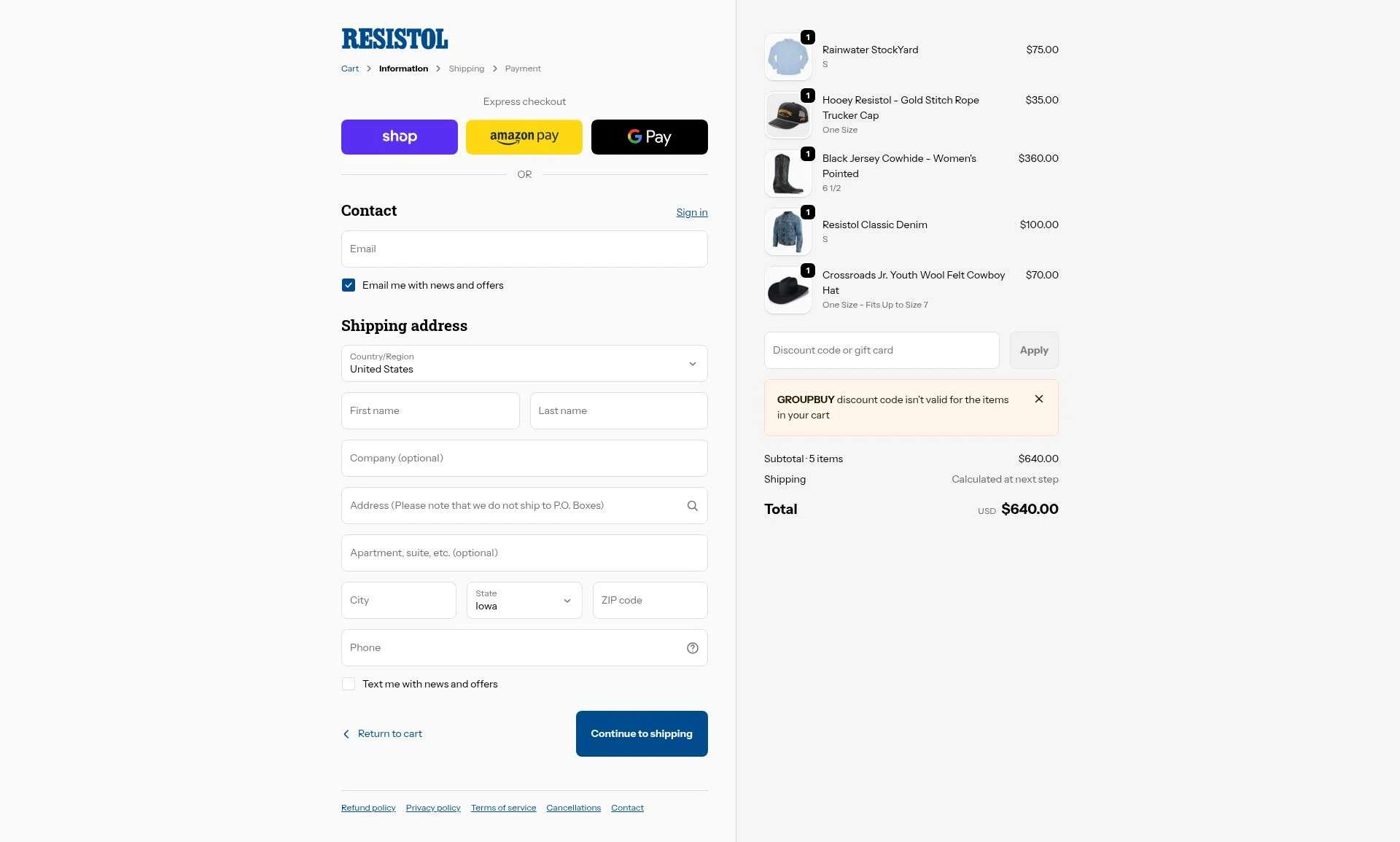 Resistol checkout page showing Resistol discount code box | Screenshot taken by SimplyCodes community member on Feb 1, 2026