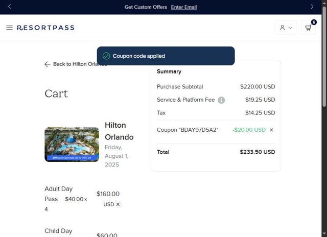 ResortPass checkout page showing ResortPass coupon code box | Screenshot taken by SimplyCodes community member on Aug 1, 2025