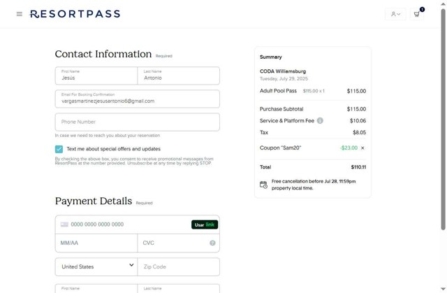 ResortPass checkout page showing ResortPass coupon code box | Screenshot taken by SimplyCodes community member on Jul 29, 2025