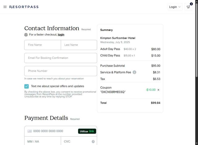 ResortPass checkout page showing ResortPass coupon code box | Screenshot taken by SimplyCodes community member on Jul 9, 2025
