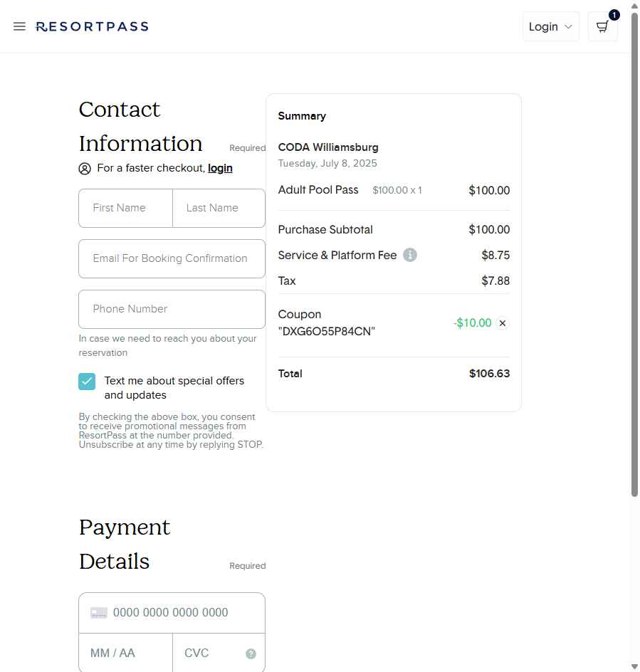ResortPass checkout page showing ResortPass coupon code box | Screenshot taken by SimplyCodes community member on Jul 8, 2025