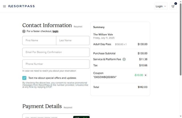 ResortPass checkout page showing ResortPass coupon code box | Screenshot taken by SimplyCodes community member on Jul 11, 2025