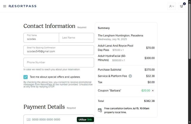 ResortPass checkout page showing ResortPass coupon code box | Screenshot taken by SimplyCodes community member on Jul 5, 2025