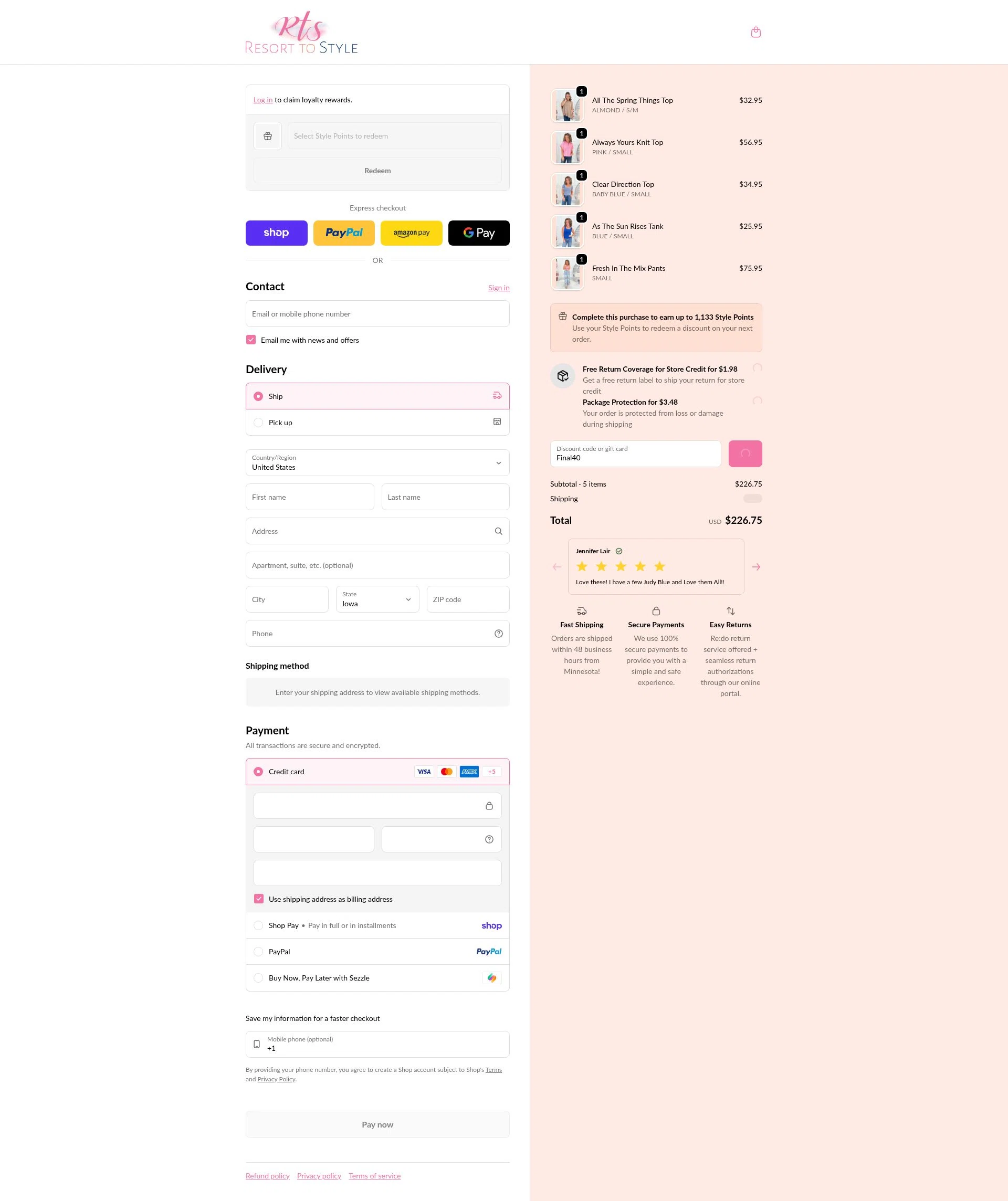 Resort To Style checkout page showing Resort To Style coupon code box | Screenshot taken by SimplyCodes community member on Feb 5, 2026