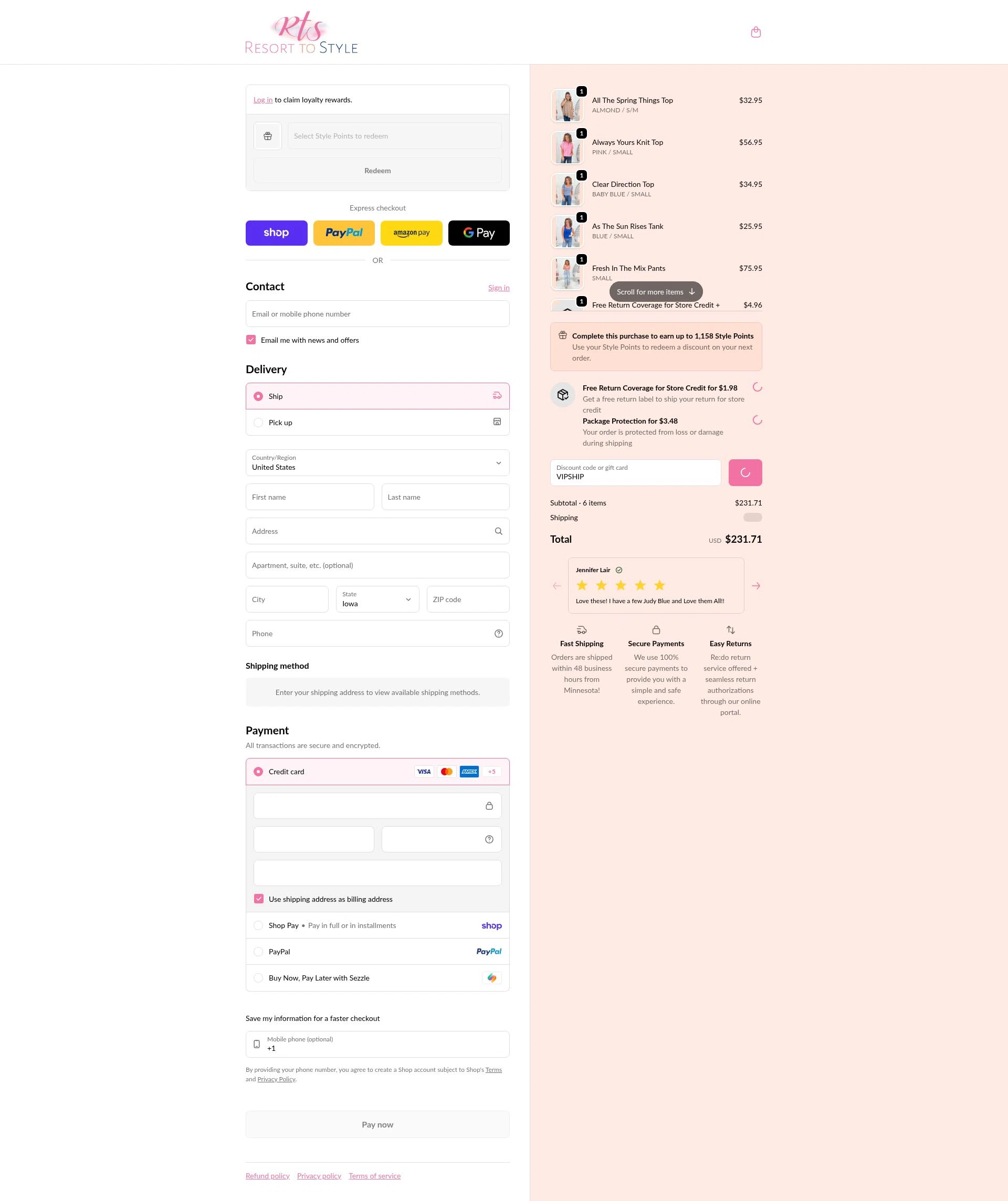 Resort To Style checkout page showing Resort To Style coupon code box | Screenshot taken by SimplyCodes community member on Feb 5, 2026