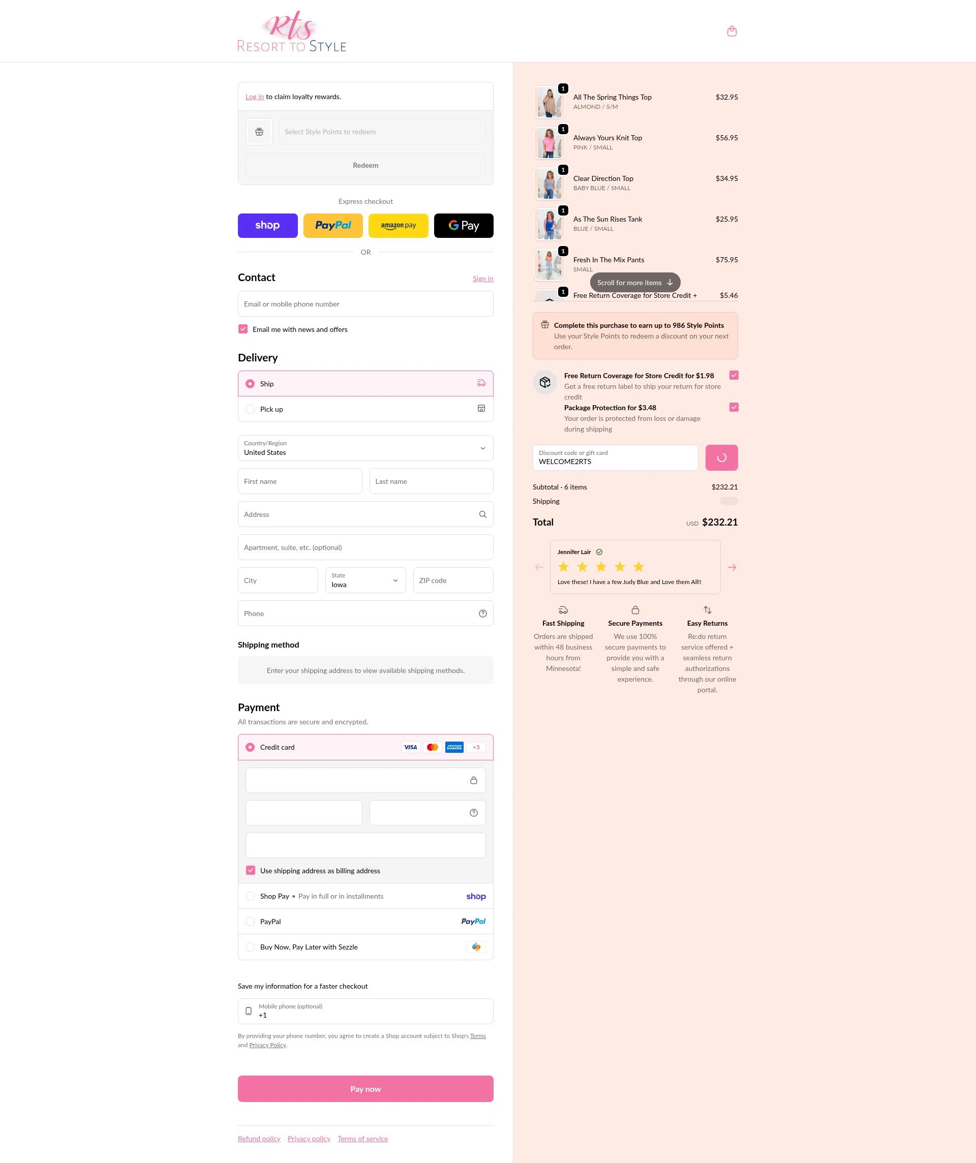 Resort To Style checkout page showing Resort To Style coupon code box | Screenshot taken by SimplyCodes community member on Feb 9, 2026