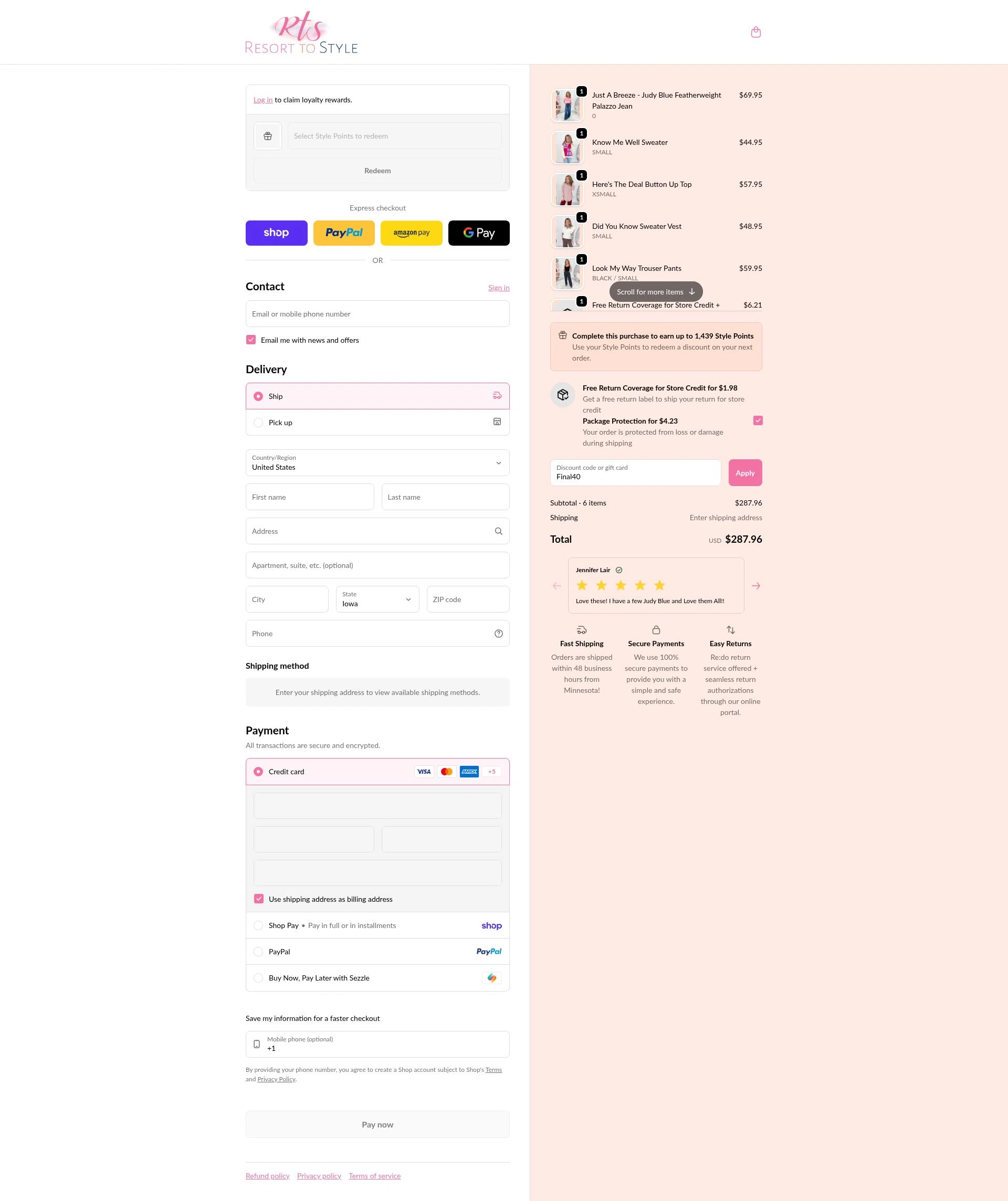 Resort To Style checkout page showing Resort To Style coupon code box | Screenshot taken by SimplyCodes community member on Jan 31, 2026