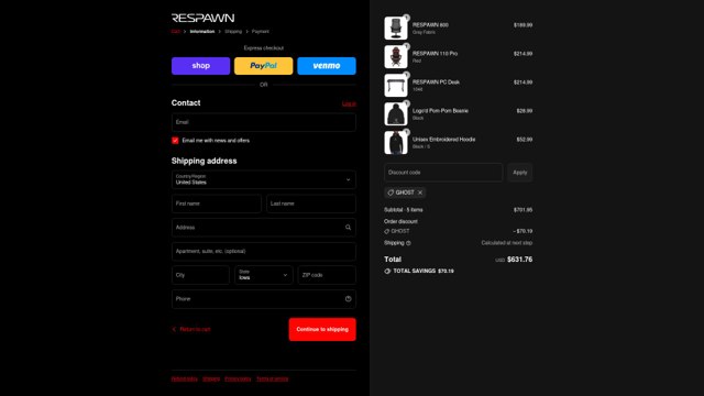 Respawn checkout page showing Respawn promo code box | Screenshot taken by SimplyCodes community member on Sep 4, 2025