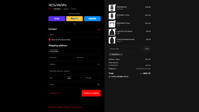 Respawn checkout page showing Respawn promo code box | Screenshot taken by SimplyCodes community member on Sep 4, 2025
