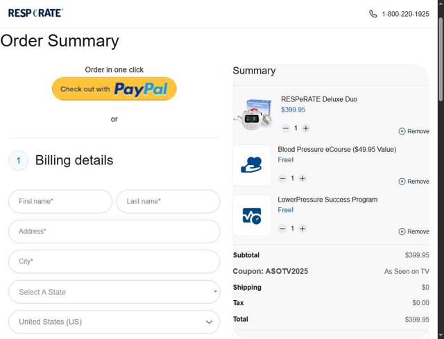 Resperate checkout page showing Resperate coupon code box | Screenshot taken by SimplyCodes community member on Jul 7, 2025