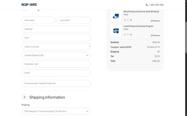 Resperate checkout page showing Resperate coupon code box | Screenshot taken by SimplyCodes community member on Sep 3, 2025